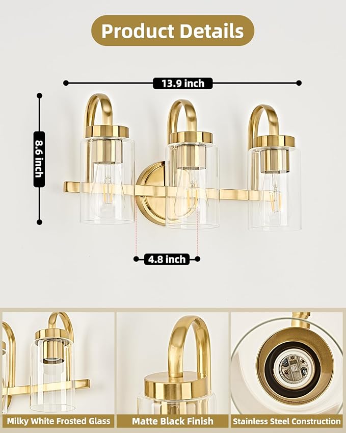3 Light Bathroom Vanity Light, Gold Vanity Lights for Bathroom, Modern Light Fixtures Over Mirror with Clear Glass Shade, Wall Sconce Lighting for Bedroom Living Room Hallway