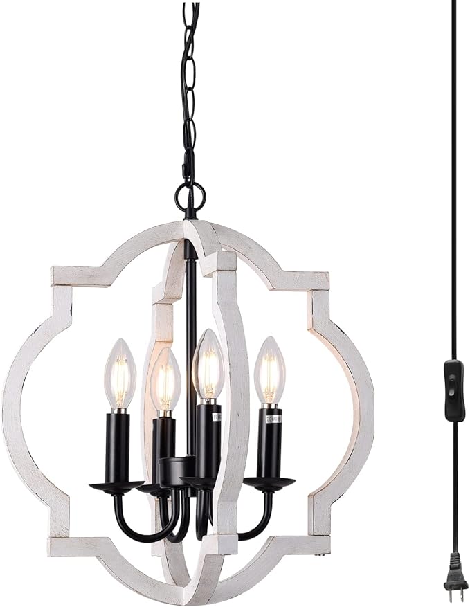Plug in Chandelier with 16.4ft Cord,On/Off Switch,Orb Wood Farmhouse Light fixtures,Outdoor Chandelier for Gazebo, Kitchen Island Dinning Foyer Entryway,4-Light White Color