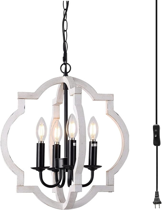 Plug in Chandelier with 16.4ft Cord,On/Off Switch,Orb Wood Farmhouse Light fixtures,Outdoor Chandelier for Gazebo, Kitchen Island Dinning Foyer Entryway,4-Light White Color