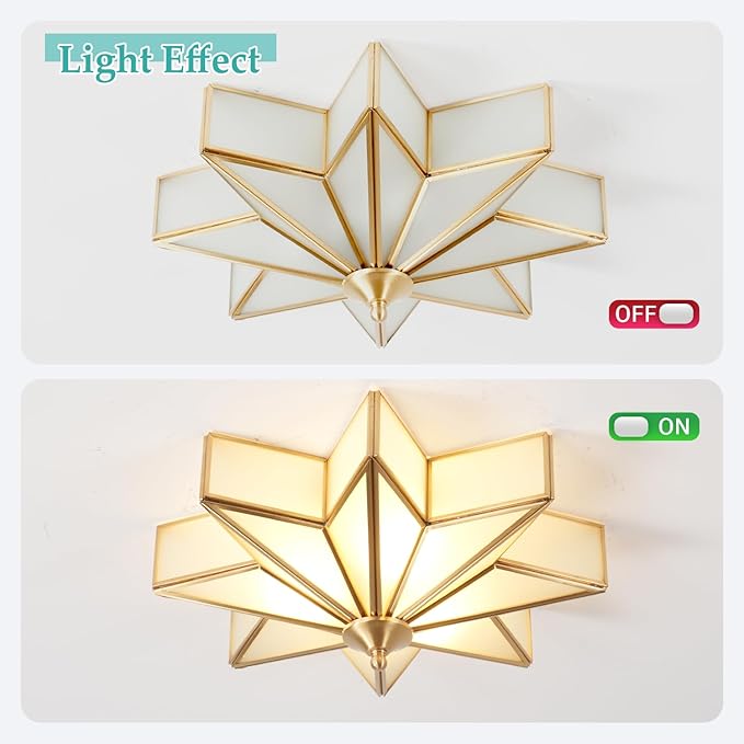 Brass Flush Mount Ceiling Light with Ceramic Light Socket, Star Shaped Ceiling Light Fixture, Mid Century Glass Ceiling Mount Lamp for Entryway, Hallway, Nursery (15.7")