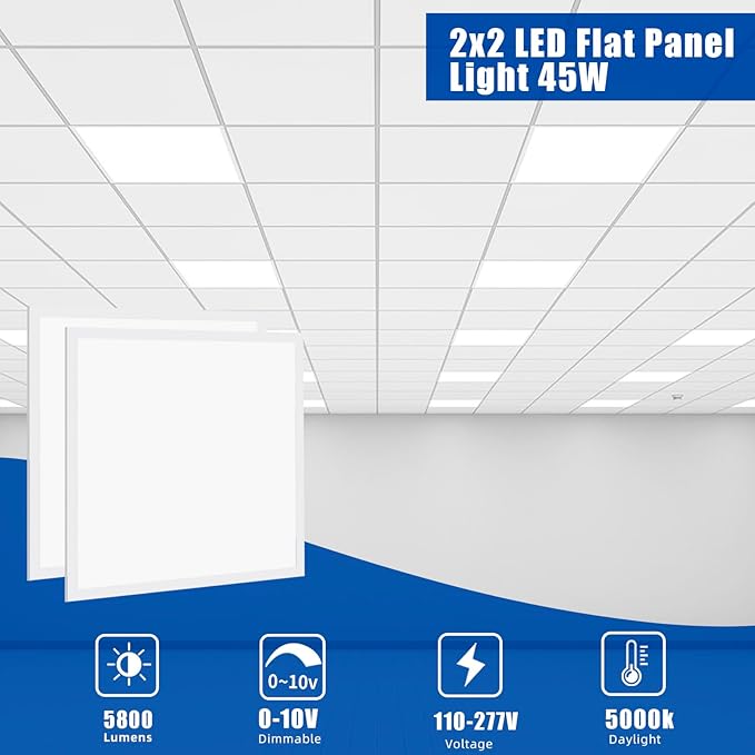 4 Pack 2x2 LED Flat Panel Lights for Drop Ceiling 45W, 5800LM 5000K Troffer Replacement Light Fixture, 0-10V Dimmable Recessed Edge-Lit Led Drop Ceiling Lights for Commercial Office, ETL Listed