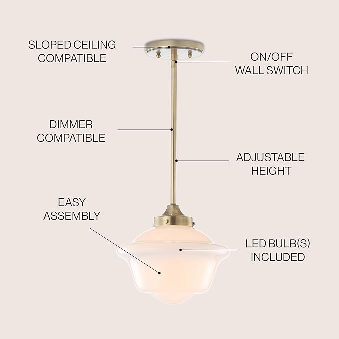 JONATHAN Y 9.5" Brass Gold/White Modern Schoolhouse LED Pendant Light Fixture, Adjustable Drop Metal Hanging Lamp with White Glass Shade for Kitchen Island, Dining Room, Foyer (JYL3517A)