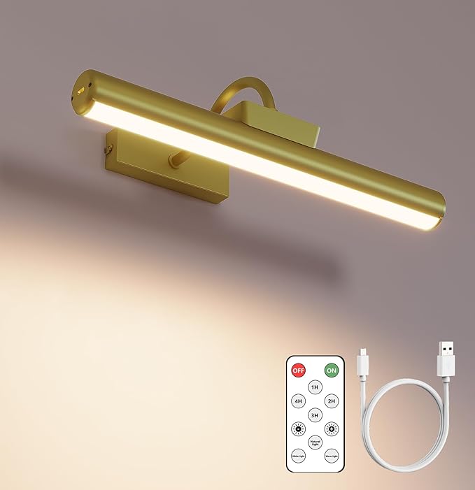 Skairipa Picture Light Battery Operated, Wireless Art Light for Paintings, Dimmable 5000mAh Recharging Battery Picture Light with Remote Control for Wall, Gallery Dartboard Art Bedroom (Gold-1Pack)