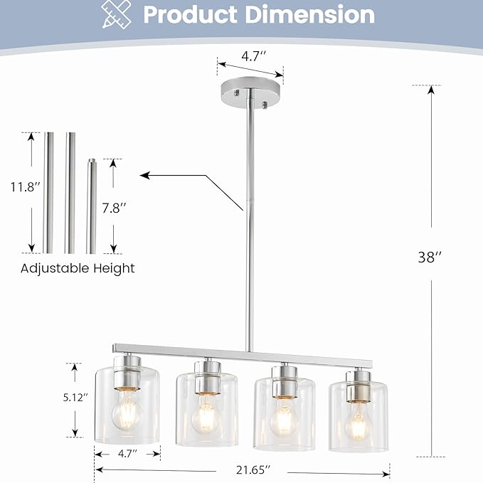 4-Light Kitchen Island Light Fixture, Silver Pendant Lights, Farmhouse Dining Room Light Fixtures Over Table, Modern Hanging Light Fixtures with Clear Glass, E26 Base, Bulbs Not Included