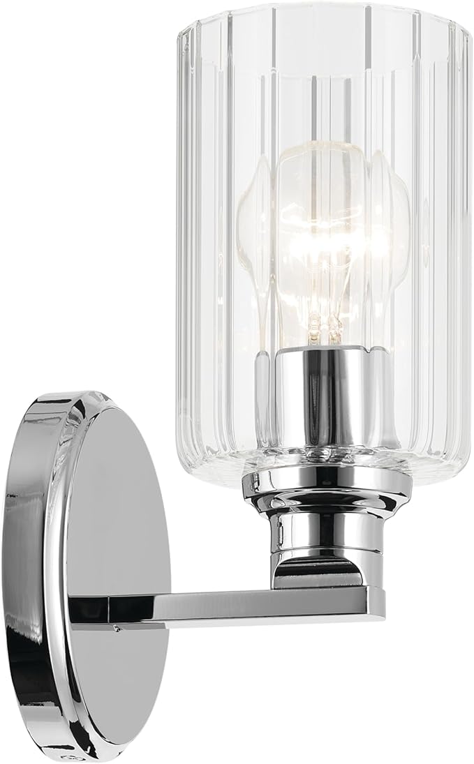 Kichler Gioe 5" 1-Light Wall Sconce with Clear Fluted Glass in Chrome, Damp Rated, for Powder Room, Kitchen, Hallway, Bedroom, Fireplace, (5" W x 9.5" H), 55224CHFLU
