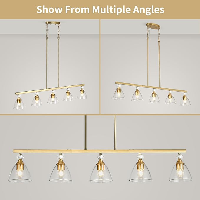 5-Light Gold Finish Kitchen Island Pendant Lighting with Clear Glass Shades for Dining Table, Kitchen Island, Living Room