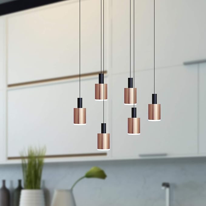 Virgo 6 Mini Pendant Lighting Black-Copper - LED Hanging Light Fixture for Kitchen Island, Bar, Foyer - Cluster Pendants - Dimmable, Adjustable Wire, Lamp Bulb Included