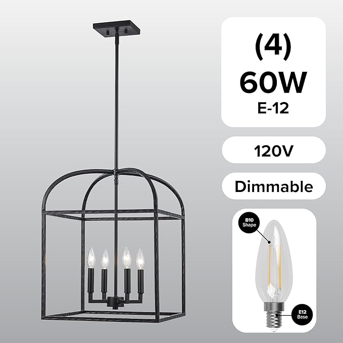 Asher Hamilton AHP-209BK Montclair 15.94 Inch Pendant Light | Adjustable 20.67 to 59.37 Inch Height | E12 Candelabra Base | Rod Hung Ceiling Fixture | Dry Rated for Indoor Use Only | Black Finish