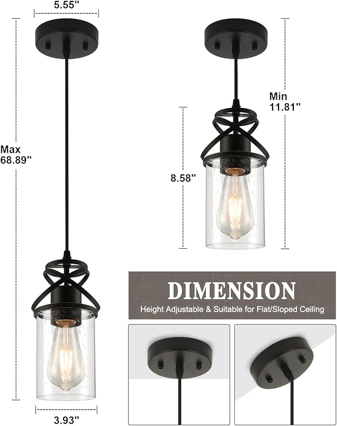 Pendant Kitchen Island Light, Modern Pendant Lighting with Glass Shade, E26 Socket and Adjustable Cable, Suitable for Living Rooms, Bedrooms, Hallways