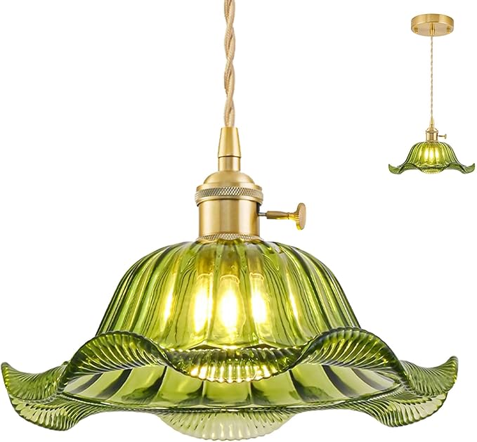 Vintage Pendant Lights Kitchen Island, Adjustable Brass Pendant Light Fixtures with Green Lily Glass Lampshade, Gold Kitchen Pendant Lighting Over Island, Pendant Light for Dining Room Hallway