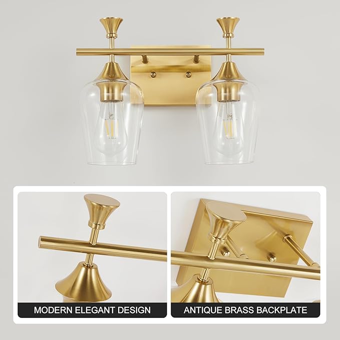Bathroom Light Fixtures (2-Light, 14 Inch), Brushed Gold Vanity Lights for Bathroom with Clear Wine Glass Glass Shade, Modern Vanity Wall Lights for Mirror Bedroom Living Room Kitchen Hallway Porch