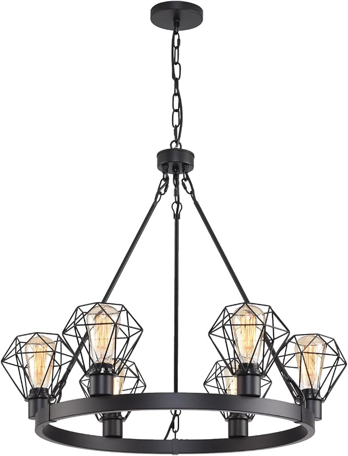 Wagon Wheel Chandelier Modern Farmhouse Pendant Light,Black Farmhouse Chandelier, 6-Light Wagon Wheel Chandelier with Adjustable Height, Dining Room Light Fixture, Hanging Lights