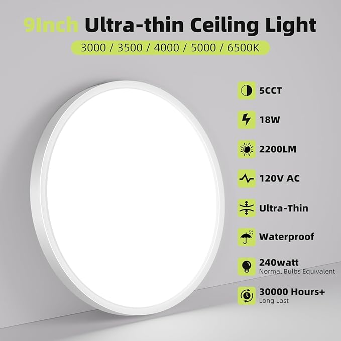 hepside 2PACK Flush Mount LED Ceiling Light Fixture 5CCT 9Inch 18W & 200W Equivalent Closet Light Fixture,Small Round Slim Surface Ceiling Lamp for Hallway,Bathroom,Bedroom,Kitchen,Interior