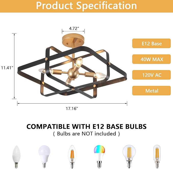 4-Lights Modern Semi Flush Mount Ceiling Light, Black and Gold Ceiling Light Fixture, Metal Industrial Geometric Chandelier Ceiling Lamp for Kitchen Bedroom Hallway Entryway Foyer Closet
