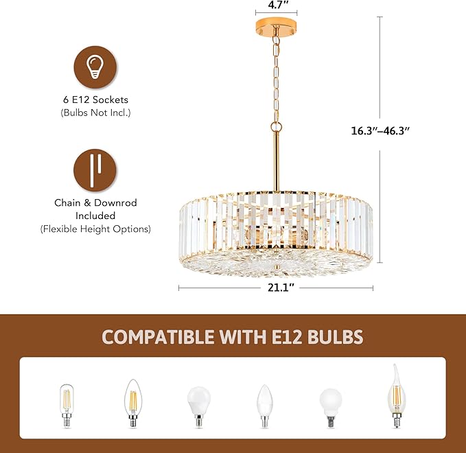 VONLUCE Cystal Ceiling Light Fixture, 6-Light Semi Flush Ceiling Light with Crystal Prisms, 21 in. Chandelier for Dining Room Bedroom Entryway, Kitchen, Gold Metal Canopy, ETL Certificated