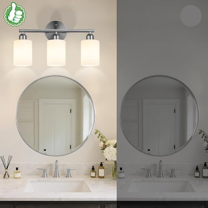 3-Light Bathroom Vanity Light Fixtures, Modern Wall Lamp for Mirror with Clear Opal Glass Shade, Silver Finish