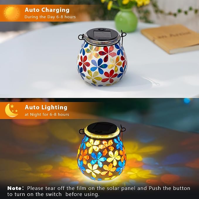 Stargarden 2Pack Mosaic Solar Lanterns, Glass Hanging Lantern Waterproof Outdoor Haning Lights Flower Decorative Table Lamp for Garden ,Patio,Yard Decor