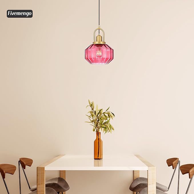 9in Mid Century Modern Wine Red Glass Pendant Light Fixture, Small Gold Kitchen Island Pendants Light Glass Ceiling Hanging Lamp for Foyer Dining Room Bedroom Entryway Hallway Over Sink