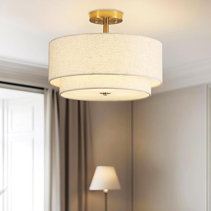16" Semi Flush Mount Ceiling Light Fixture, 3-Light Black Flush Mount Ceiling Light with Double Drum Fabric Shades for Dining Room Bedroom Kitchen Hallway Living Room, E26 Socket