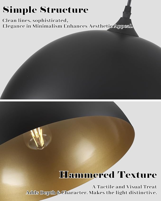 Large Pendant Lights Kitchen Island 3 Packs, 16 inch Black and Gold Dome Pendant Light, Industrial Farmhouse Pendant Lights Fixtures Metal for Kitchen Island, Dining Room, Cafe, Bar