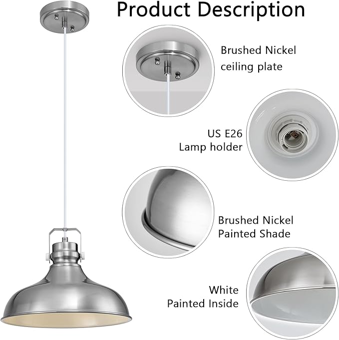 Brushed Nickel Farmhouse Pendant Lights Matte Pendant Lighting for Kitchen Island Industrial Adjustable Height Vintage Dome Hanging Light Fixtures for Barn, Dining Room 3 Packs