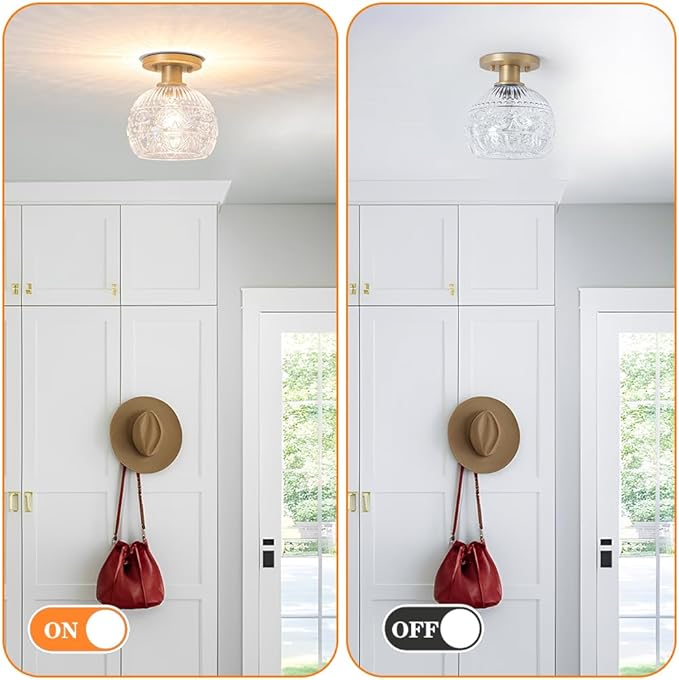 Brass Gold Semi Flush Mount Ceiling Light Fixture, Farmhouse Bathroom Light with 7.09in Glass Shade, Vintage Hallway Lights Fixture, Small Close to Ceiling Lighting for Porch Corridor Kitchen Entryway