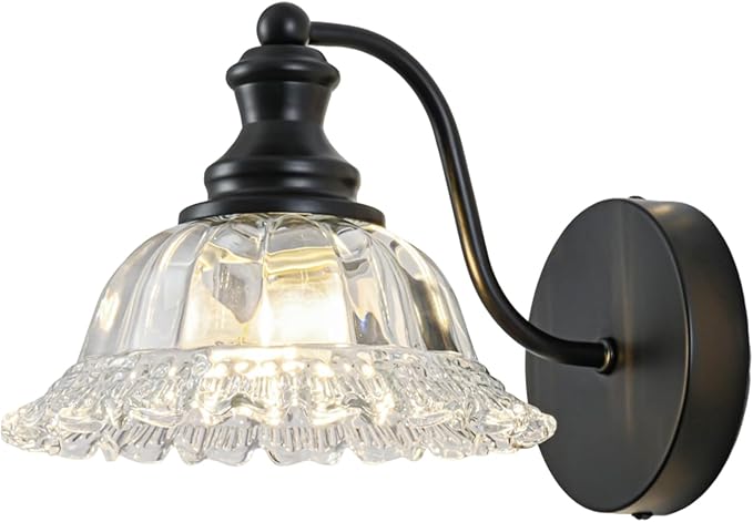 Vintage Wall Sconce Light, Matte Black Bathroom Sconces Wall Lighting, Antique Wall Light Fixture with Clear Flower Glass Shades, Indoor Wall Sconces for Living Room Bedroom, 1-Light Wall Lamp