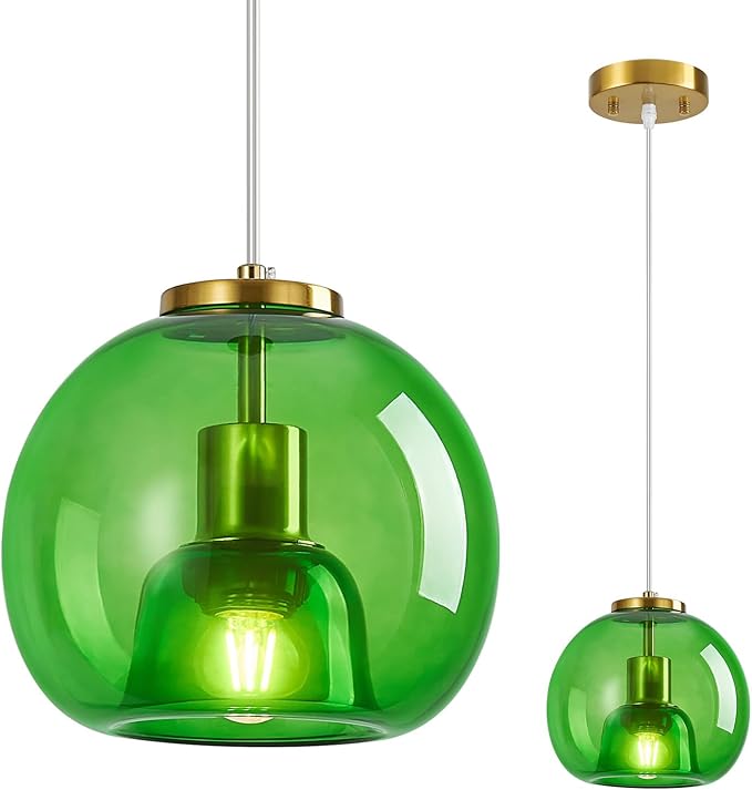 Green Glass Pendant Lights Kitchen Island Gold Hanging Light Fixture Glass Globe Pendant Light Modern Pendant Lighting for Kitchen Island Bedroom Dining Room (7.87", 1 Pack)