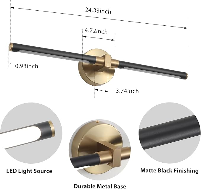 2026 Upgrade Black and Gold Vanity Light, 18W Brighter 24" Gold Bathroom Light Fixtures Linear Modern LED Bathroom Vanity Lighting Fixtures Over Mirror Light Bar Sconce, 360° Rotable 4000K CRI 90+