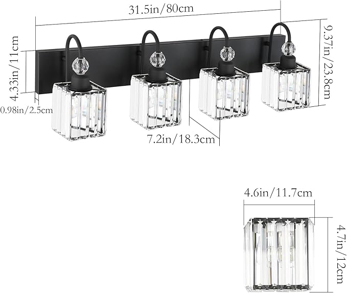 Ralbay Matte Black Crystal Vanity Light 4 Light Modern Crystal Bathroom Lighting Fixtures Over Mirror, Crystal Black Bathroom Vanity Light