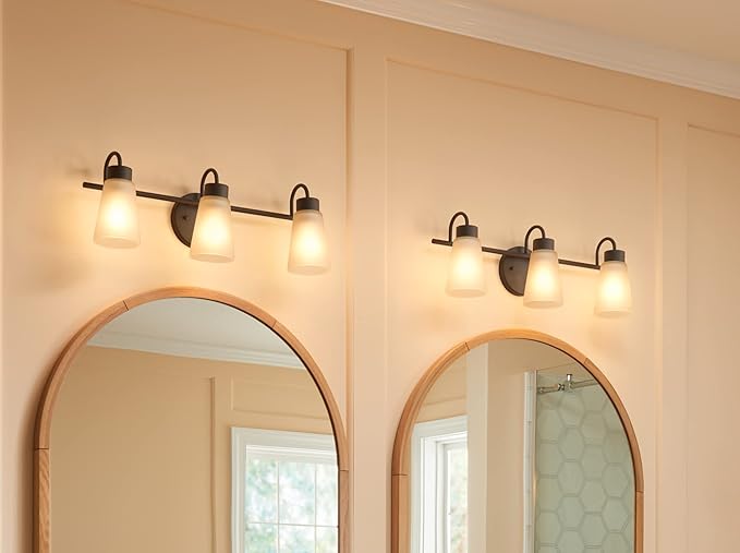 Kichler Stamos 3-Light Bathroom Vanity Light Fixture with Satin Etched Glass Shades, 22 in Modern Wall Light in Olde Bronze for over Mirror (22 in x 5 in x 8 in), 45887NI
