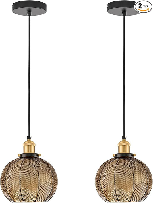 7.8in Vintage Pendant Light 2- Light Kitchen Sink Pendant Lights with Amber Hand Blown Glass Small Hanging Lamp for Kitchen Island Dining Room Bedroom Bathroom Hallway E26