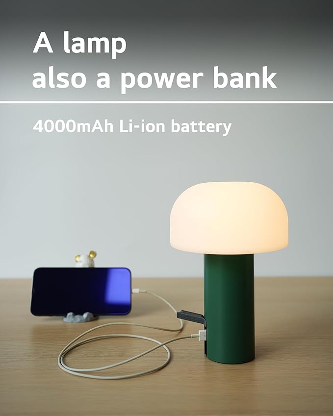WEILAILUX Cordless Mushroom Table Lamp, Waterproof Shower Lamp, Battery Operated Table Lamp Rechargeable, Touch Dimmable Night Light for Bedroom/Patio/Camping/Dinning/Outdoor (Green)
