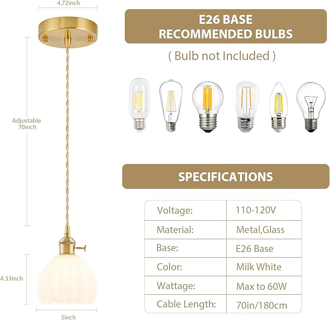 Mini Pendant Lights Kitchen island 2 Pack, Small Adjustable Pendant Light Fixture with Milk White Tulip Glass Lampshade, Vintage Gold Pendant Lighting, Pendant Light for Bedroom Dining Room Hallway