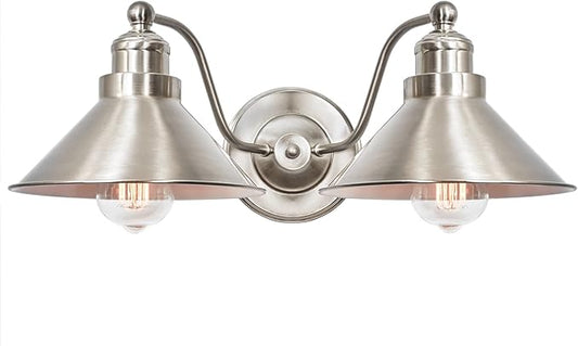 Kira Home Welton 19" 2-Light Modern Farmhouse Vanity Light with Dual Funnel Shades, Industrial Silver Wall Sconce Bathroom Light, Brushed Nickel Finish