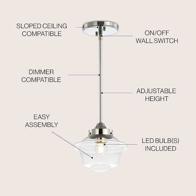 JONATHAN Y 7.25" Chrome Modern Schoolhouse LED Pendant Light Fixture, Adjustable Drop Metal Hanging Lamp with White Glass Shade for Kitchen Island, Dining Room, Foyer (JYL3516B)