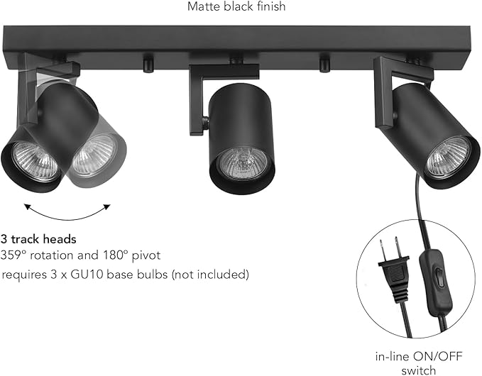 Globe Electric 64000164 17" 3-Light Plug-in Track Lighting, Matte Black, 15 Foot Cord, in-Line On/Off Rocker Switch, Pivoting Track Heads, Ceiling Light, Home Improvement