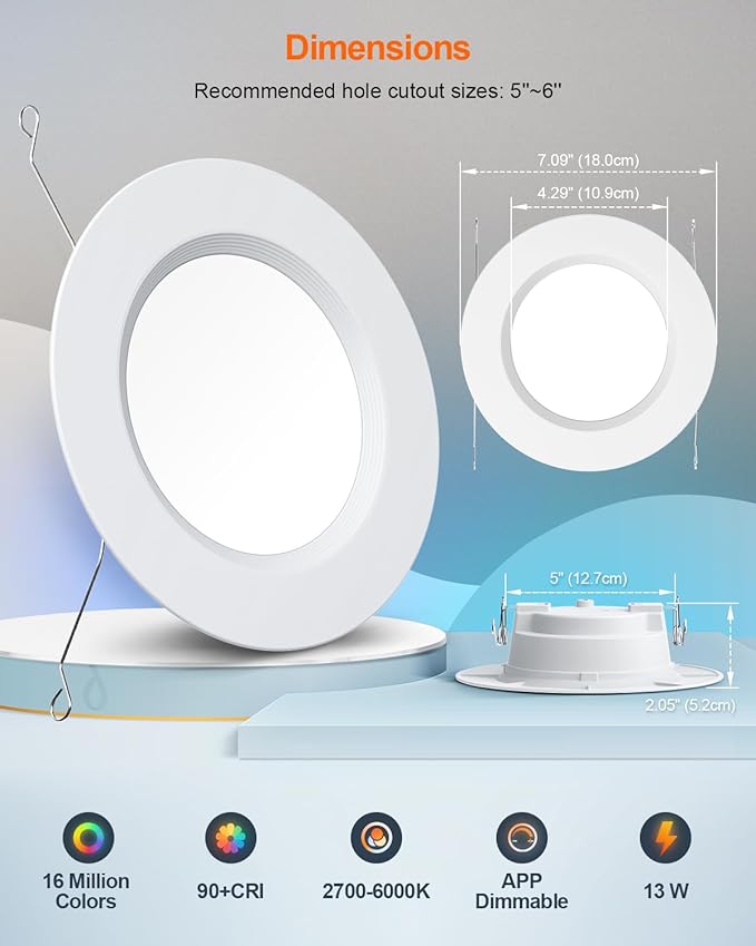 DUSKTEC Smart Recessed Lighting 6 Inch - RGBCW Color Changing LED 13W Can Light Retrofit Recessed Lights 1050 Lumen Dimmable Recess Light Compatible with Alexa & APP Recess Ceiling Lights 1 Pack