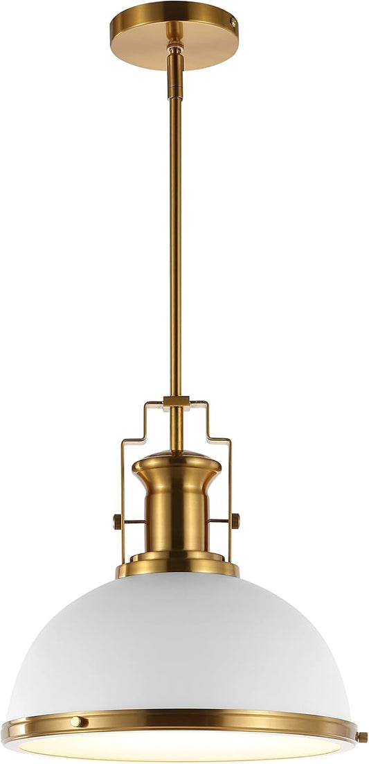 JONATHAN Y 13" Brass Gold/White Modern Industrial Iron LED Dome Pendant Light, Adjustable Hanging Fixture for Kitchen Island or Entryway, Black Metal Shade, LED Bulb Included (JYL9536D)