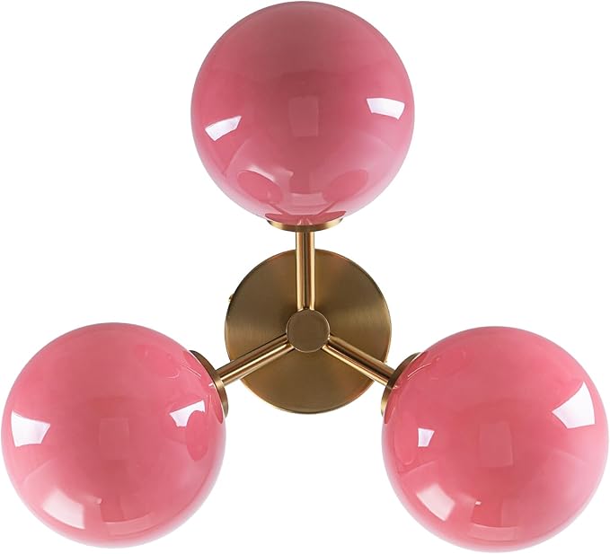 Pink Semi Flush Mount Ceiling Light Fixture, 3 Light Opal Glass Globe Mid Century Modern Light Fixtures for Bedroom,Entryway,Hallway,Living Room,Kithcen,Dining Room