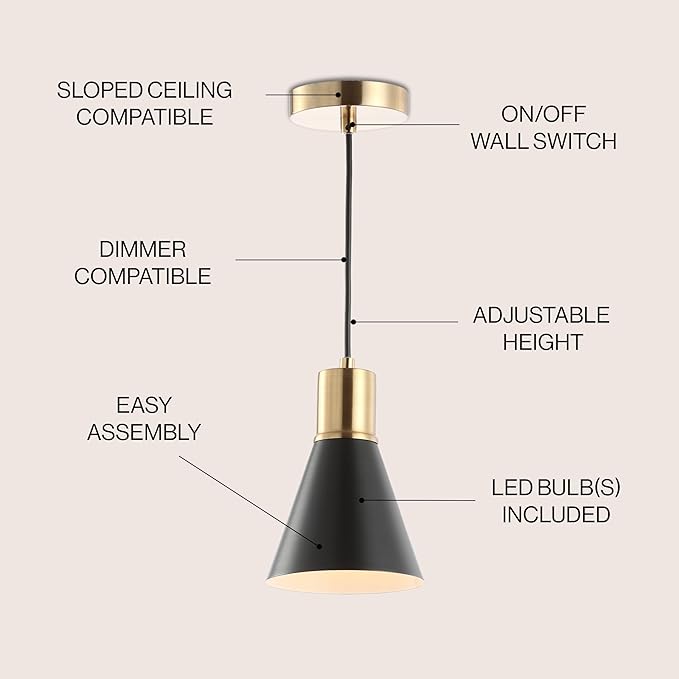 JONATHAN Y 6" Black/Brass Gold 1-Light Apollo Mid-Century Modern Iron LED Pendant, Black Metal Shade, Adjustable Hanging Ceiling Light for Kitchen Island, Hallway, LED Bulb Included JYL6131A