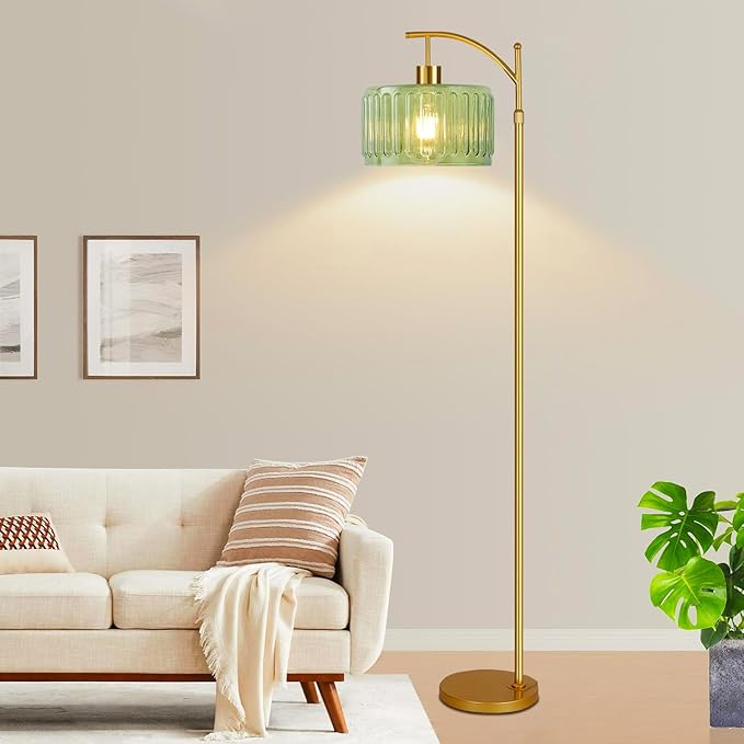 QIYIZM Glass Floor Lamp for Living Room,Bedroom,Gold Dimmable Standing Lamp with Remote,Mid Century Modern Brass Tall Lamp Boho Vintage Retro Floor Lamps Arc Green Flower Floor Light Lamp Bohemian