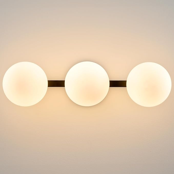 Bathroom Vanity Mirror Light Fixtures: 3 Lights Bath Wall Sconce Lighting - Black Vanity Lights with Milk Glass Shade - Modern Minimalist Makeup Light Fixture above Mirror for Hallway Bedroom E26 Base