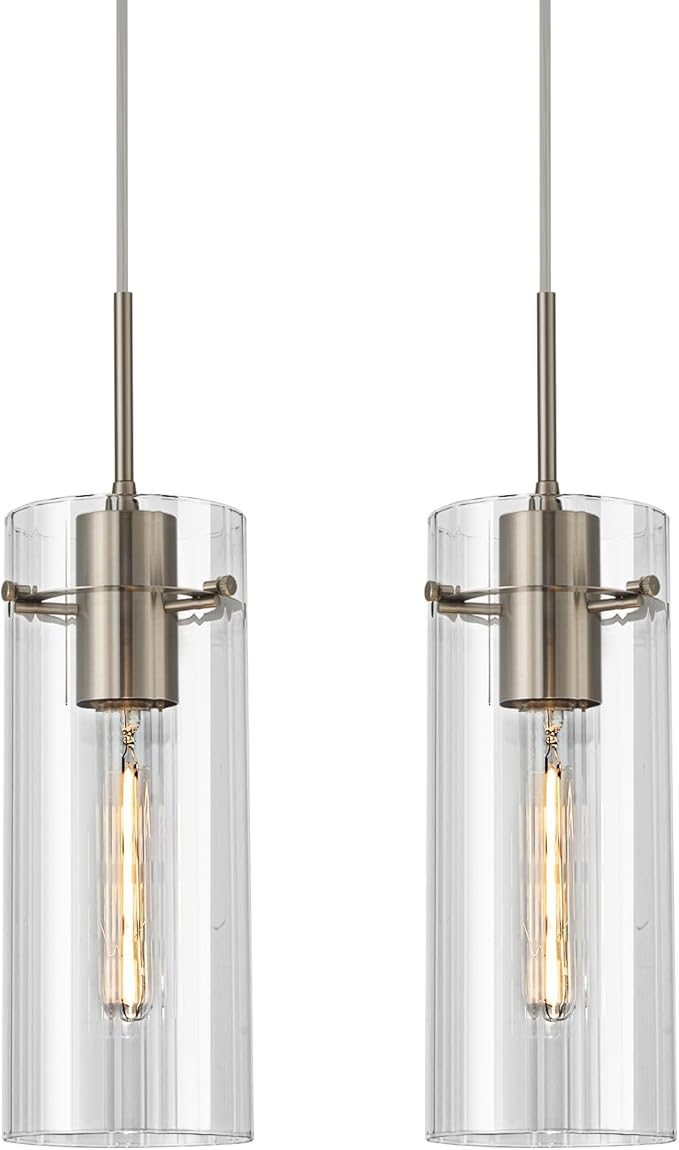 Glass Brushed Nickel Pendant Light, 2 Pack Modern Kitchen Island Pendant Lighting with Ribbed Glass, Adjustable Cord Pendant Light for Over Island, Dining Room, Bathroom Bedroom