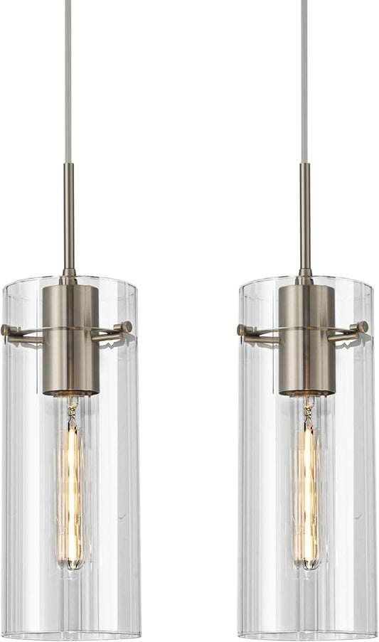 Glass Brushed Nickel Pendant Light, 2 Pack Modern Kitchen Island Pendant Lighting with Ribbed Glass, Adjustable Cord Pendant Light for Over Island, Dining Room, Bathroom Bedroom