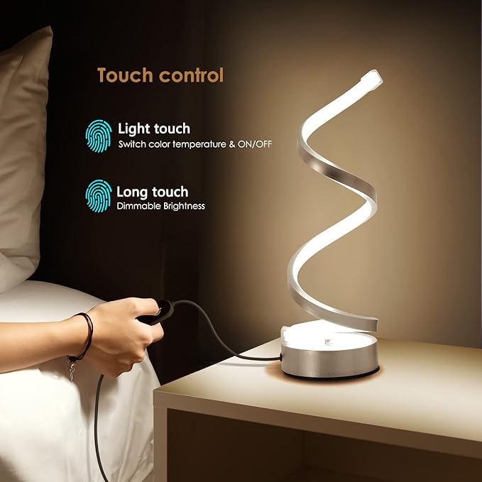 NUÜR Infinity Spiral LED Table Lamp, Dimmable Metallic Bedside Lamp with Touch Controller, 3 Colour Temperature, 15.8 Inch Height, Decorative Lamp for Home, Living Room & Office (Silver)