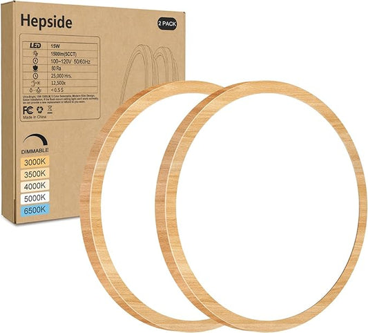 hepside 2Pack LED Flush Mount Ceiling Light Fixture, 7Inch 15W, Dimmable&3000K/3500K/4000K/5000K/6500K Adjustable Low Profile Ceiling Lights, Round Flat Ceiling Light for Closet,Kitchen,Hallway-Wood