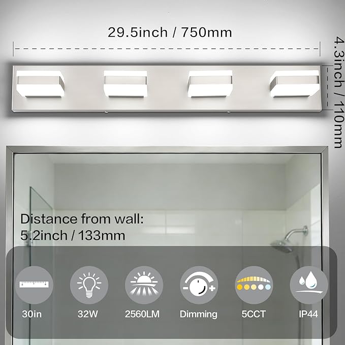 SOLFART Bathroom Vanity Lights, Adjustable Brushed Nickel Vanity Light for Bathroom,LED Light Fixtures Over Mirror,5 Color Temperature 4 Lights 5CCT