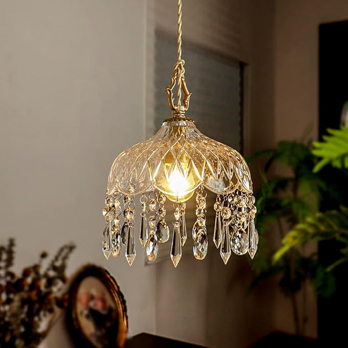 Vintage Crystal Small Pendant Lights Kitchen Island, Adjustable Cord Length 0.5" to 70", Dia7.87 Glass Shade Light Fixture,Brass Hanging Light, Chandelier for Bedroom (1-Pack，Hard-Wired
