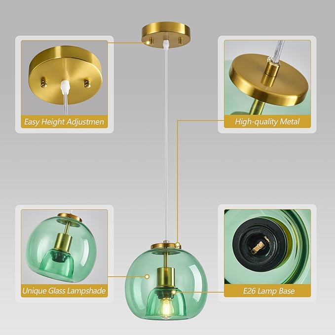 Light Green Glass Pendant Lights Kitchen Island Gold Hanging Light Fixture Glass Globe Pendant Light Modern Pendant Lighting for Kitchen Island Bedroom Dining Room (7.87", 1 Pack)